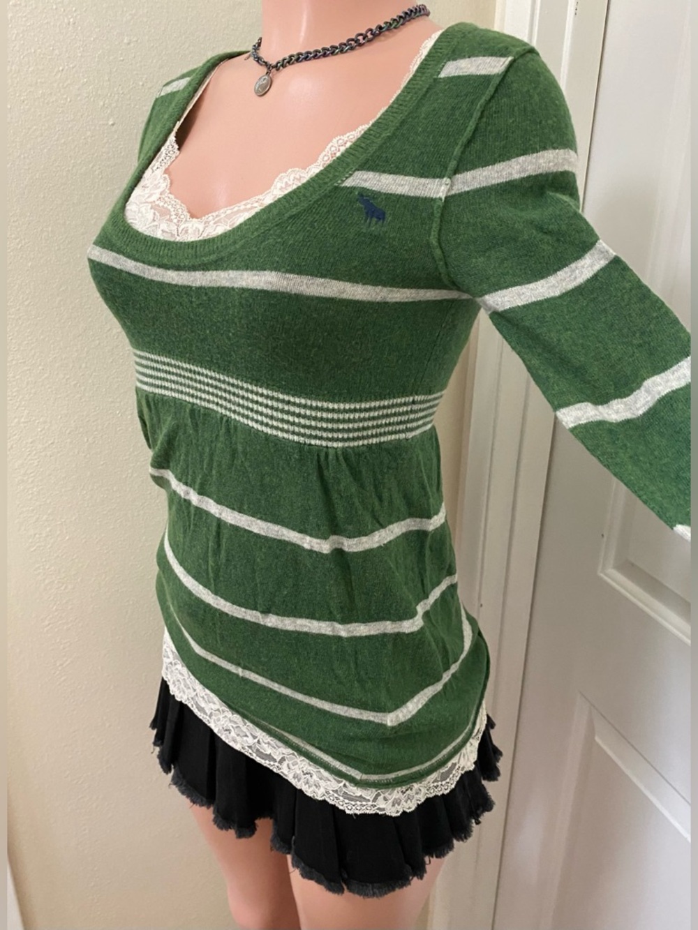 Y2k vintage Abercrombie green and white striped babydoll long sleeve sweater - Picture 10 of 15